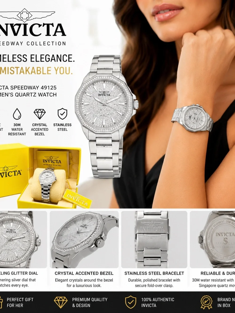 Invicta Women’s Silver Crystal-Accent Stainless Steel Bracelet Watch